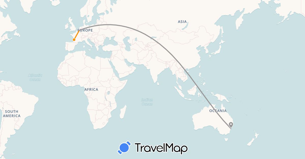TravelMap itinerary: plane, hitchhiking in Australia, Belgium, France (Europe, Oceania)